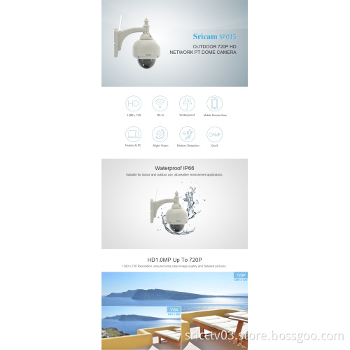 Factory Sricam SP015 HD720P h.264CMOS 1.0MP Plug and play outdoor waterproof p2p PT ip camera
